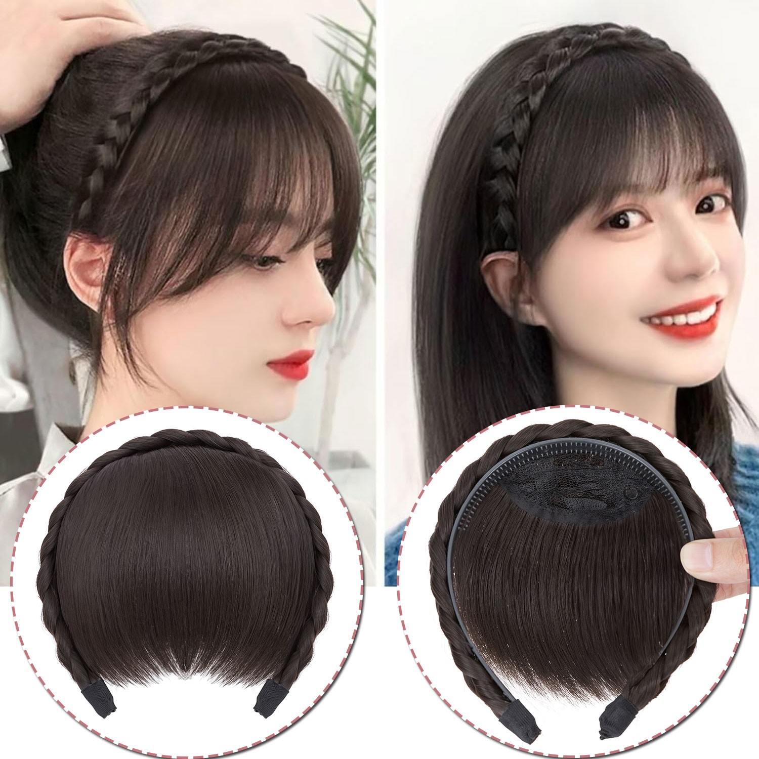 Xmas Braided Headband Hair Clip in Fringe Bangs Real As Human Hair Extensions US