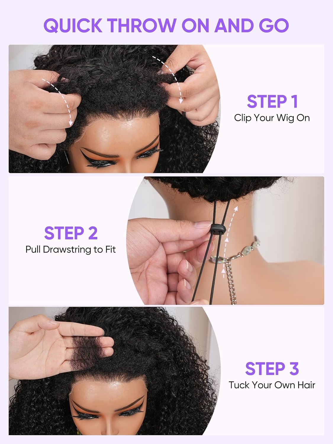 Kinky Curly Half Wig Virgin Human Hair, Seamless 4C Edges, Flip Over Drawstring