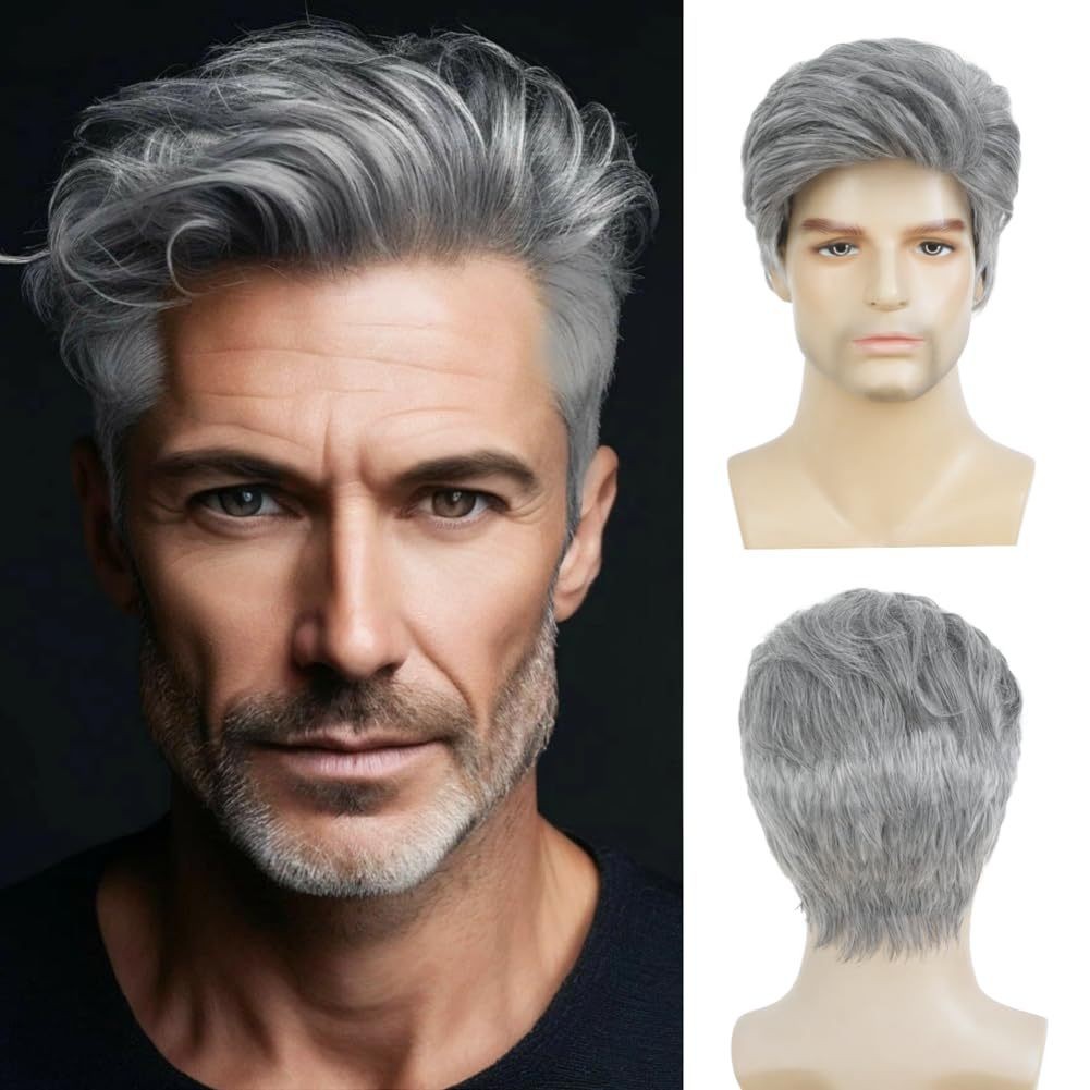 6in Men’s Short Silver Gray Wig Full Heat Resistant Synthetic Cosplay Party