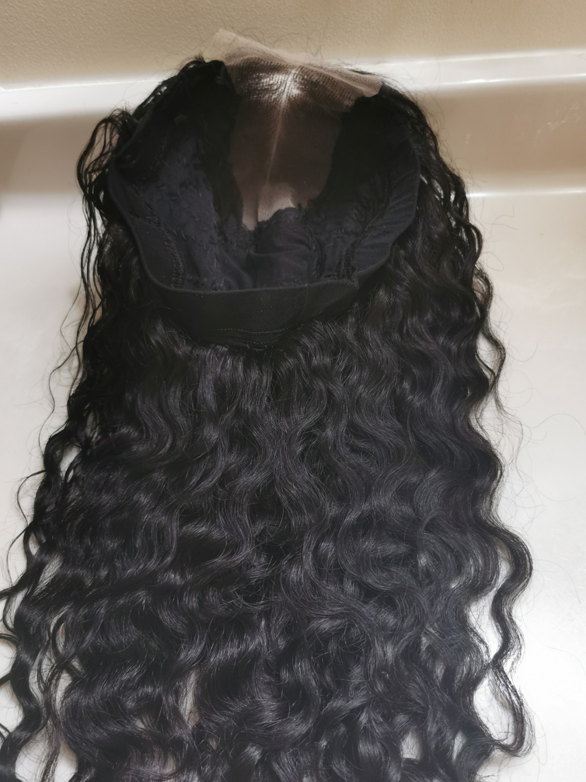 Quality Natural Black Wave Human Hair Glueless DeepPart Closure Wig 18″ Handmade