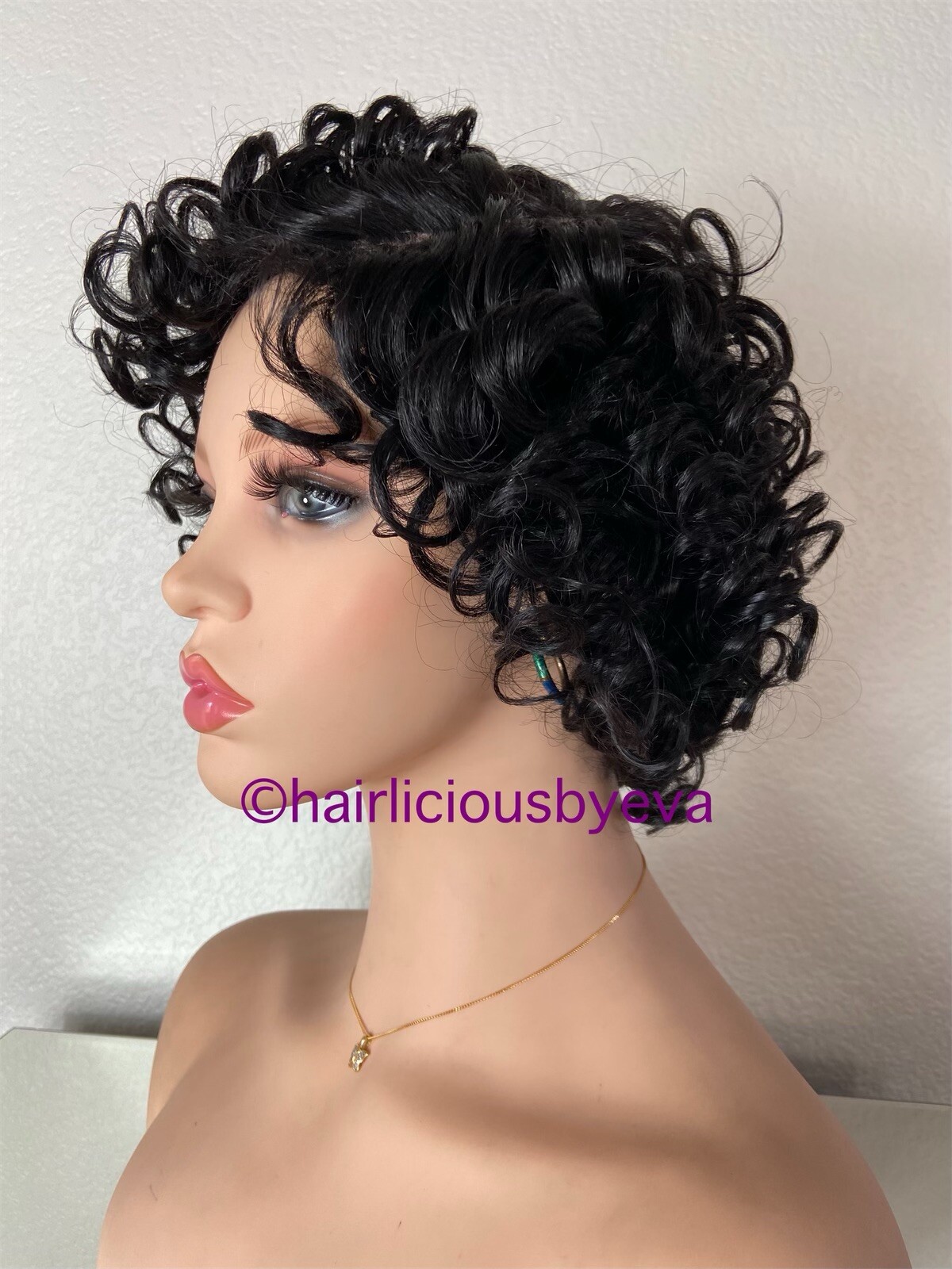 African American Curly Wig Short Black Side Part