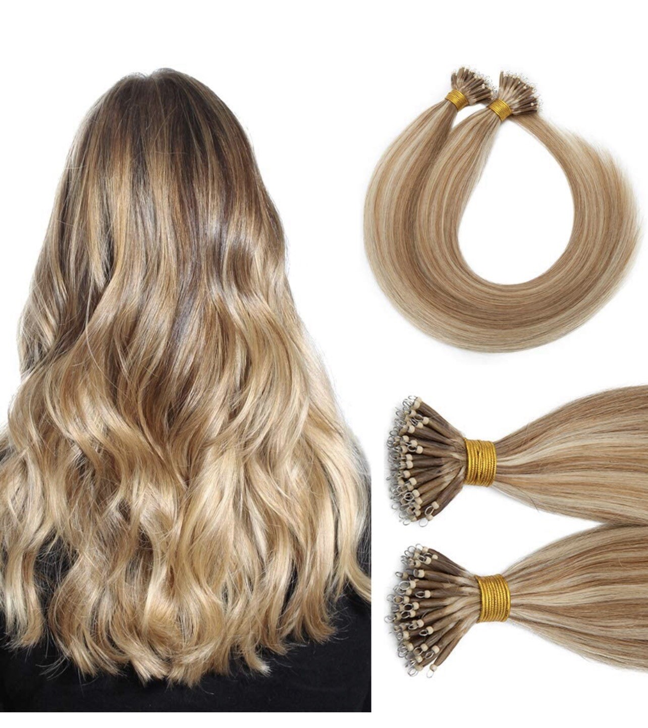 Nano Bead Hair Extensions Microlink Nano Ring 20” Color 12 / 613 Golden Brown