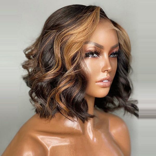 Brown Highlight Wig Wave 4×4 Lace Front 100% Human Hair Wig
