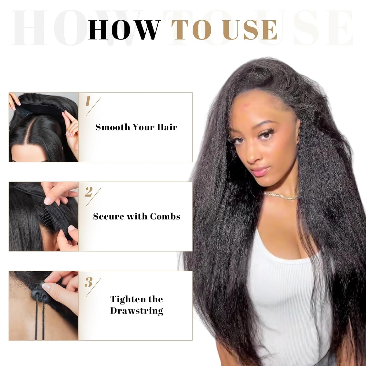 Kinky Straight Half Wig for Women, 3 in 1 Yaki Drawstring Glueless Synthetic Wig