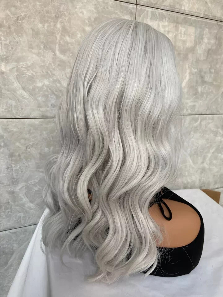 All-over Natural Silver-White Synthetic Straight Hair Women Capless Wigs 20 Inch