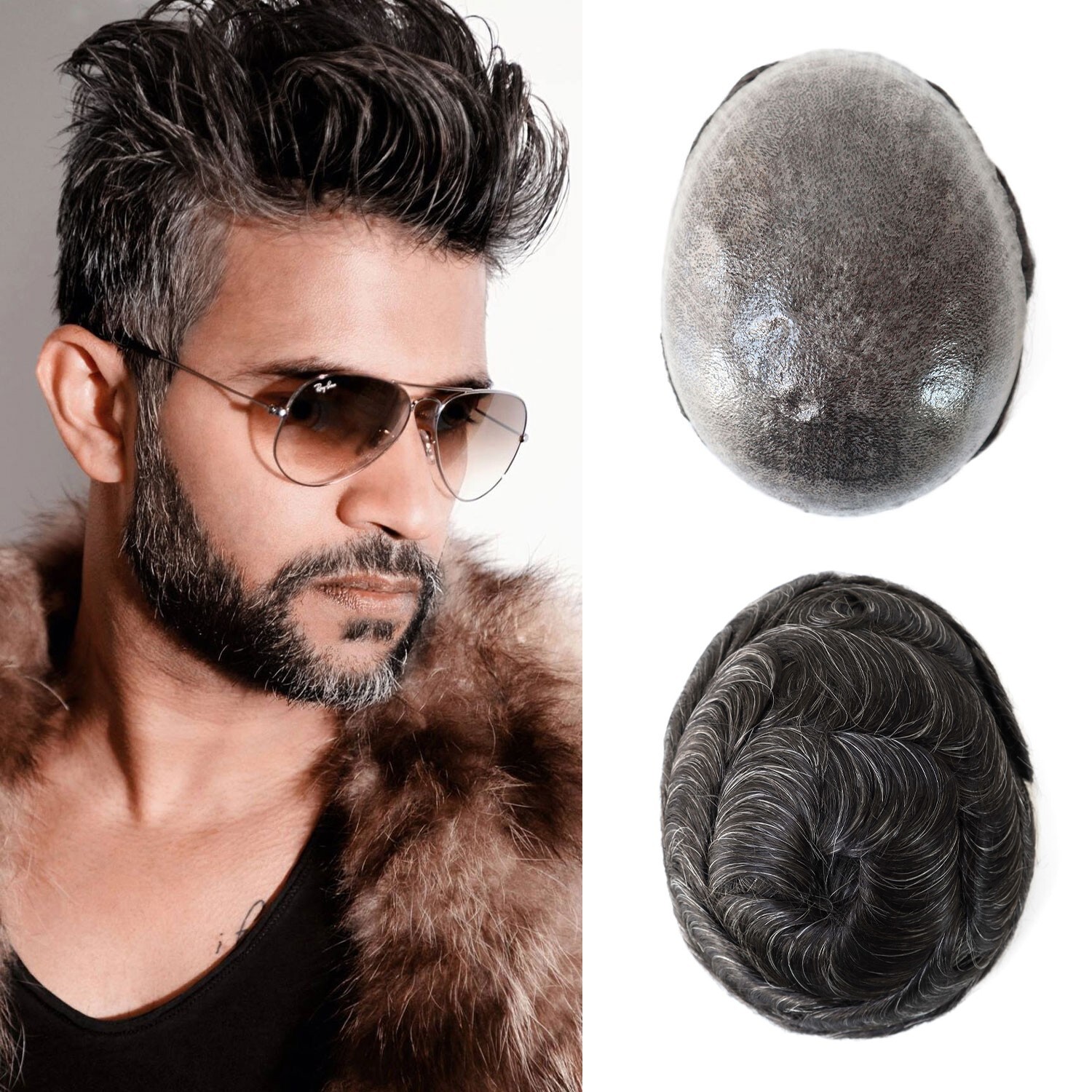 Mens Hair Replacement System Injection Poly Skin Toupee Human Hair Pieces #1B20