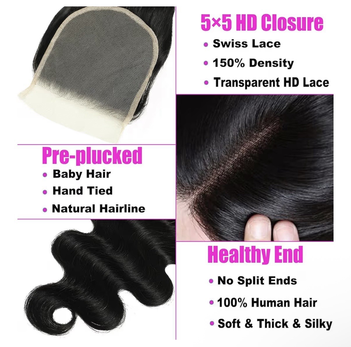 Body Wave Human Hair Bundles With Closure 14 16 18 Inches W/ 12 Inch Closure