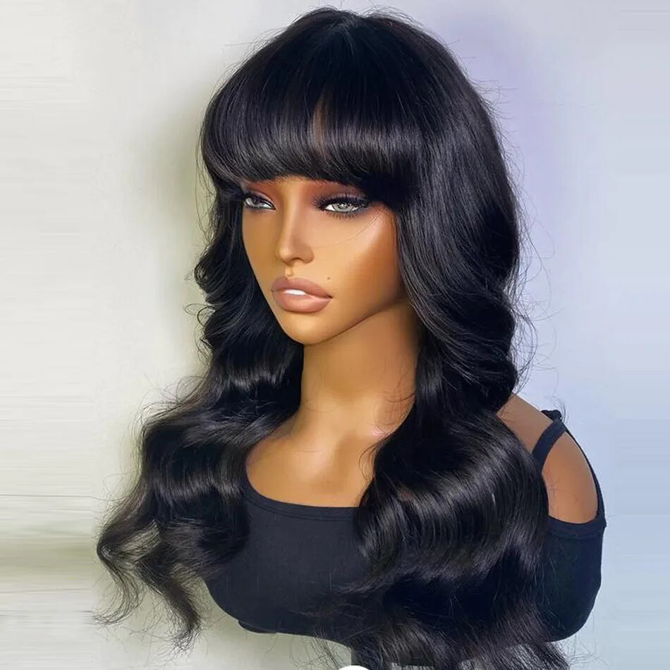 Natural Wavy Full Machine Made O Scalp Top Wig With Bangs Brazilian Human Hair