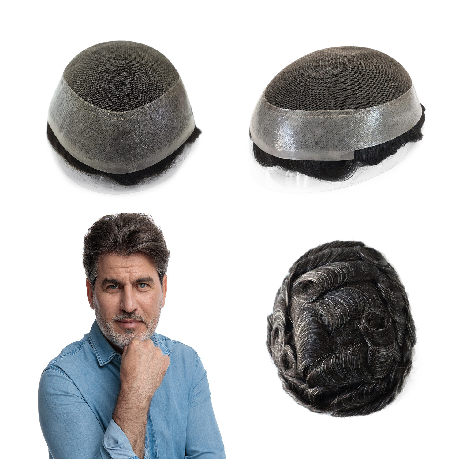 Toupee Men Human Hair New Australia Lace Skin PU Invisable Hairpieces Black Grey