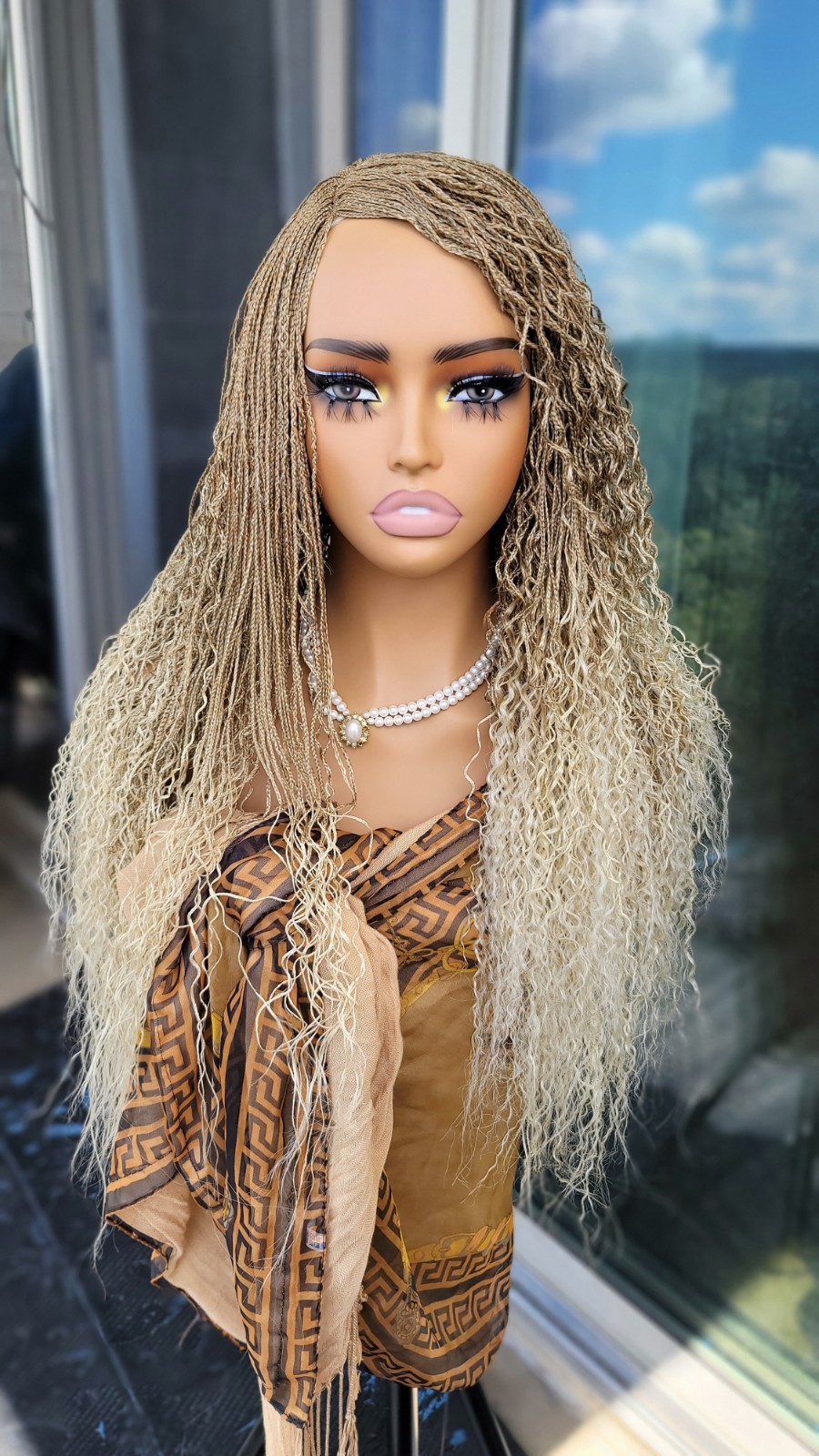 Braided Wig Lace Front Glueless 18″ Micro Boho Braids 27/613 Blonde Handmade NWT