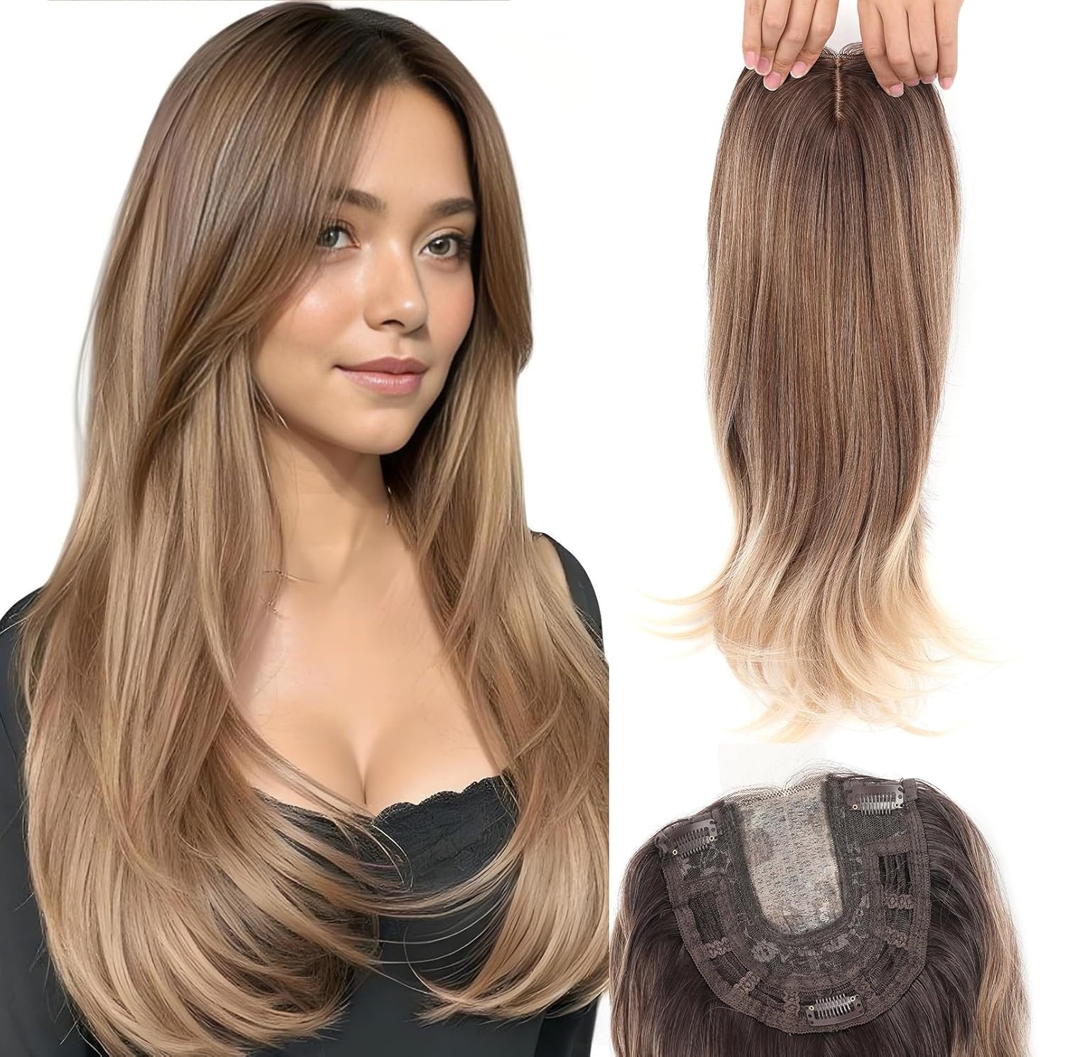 Sarah 20″ Hair Topper Brown Blonde Gradient 3 tone straight curtain bangs woman