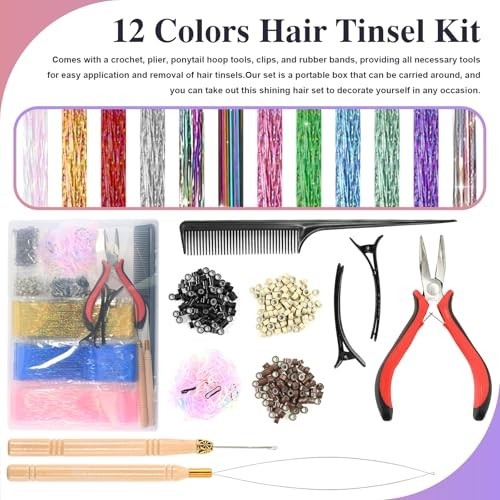 Hair Tinsel 48 Inch 12 Colors 3600 Strands Glitter Shiny Sparkle Extensions