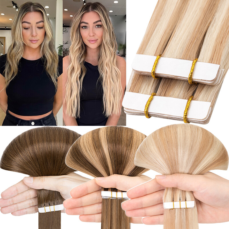 60pcs American Skin Weft Tape In Hair Extensions Full Head 100% Remy Human Hair