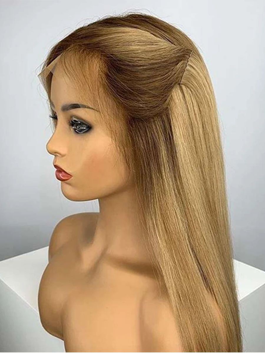 Ombre Blonde Soft 24” Long Straight 180% Density Lace Front Human Hair Wig