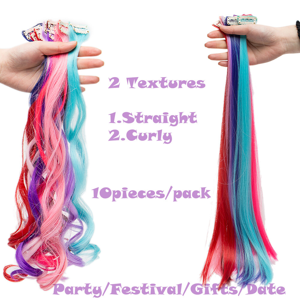 Ombre Blue Clip In Hair Extensions 10pcs Natural Straight Wavy Highlight Streaks