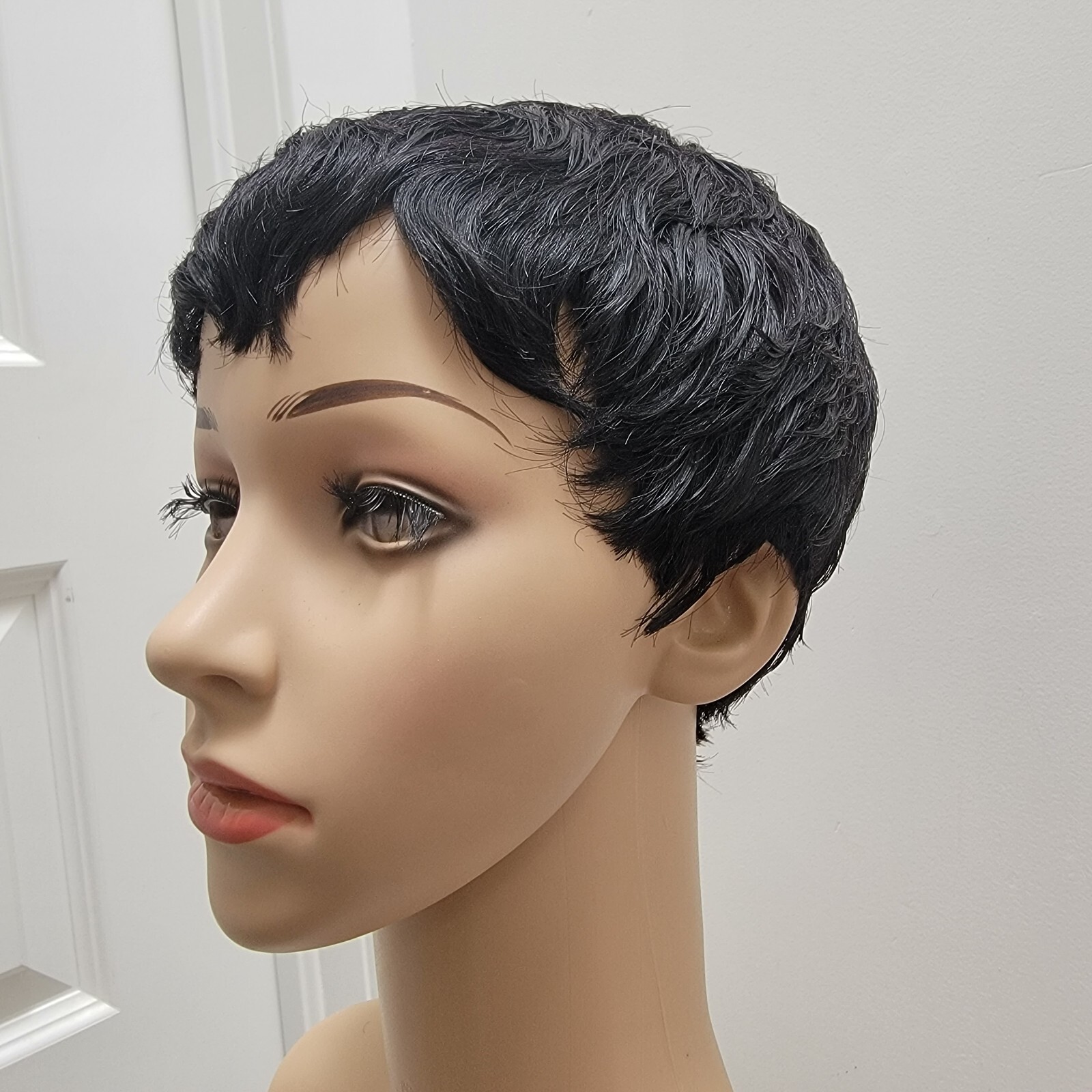 2″ Short Pixie Layer Natural Black Human Hair Classic Cap Wig Women Size M