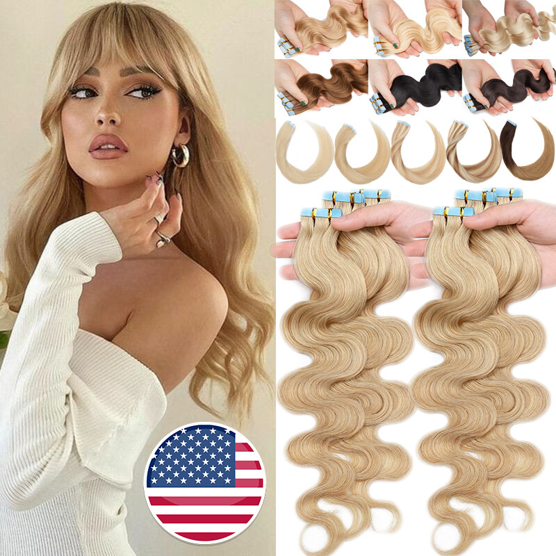 Russian Remy Human Hair Extensions Tape In 100% Real Skin Wefts Full Head Blonde