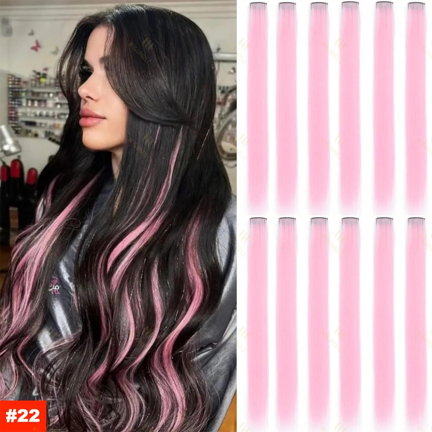 22Inch Synthetic Clip In Hair Extensions Straight Rainbow Colors High Temp