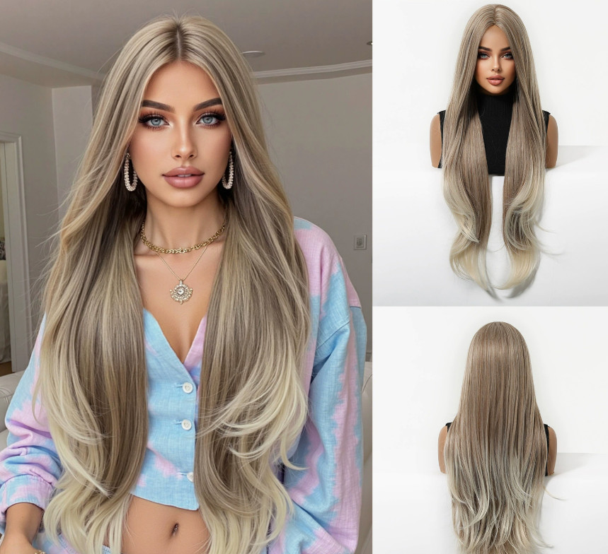 32 Inches Wavy Bouncy Middle Part Coffee Color Synthetic Fiber Heat Ok Wig Women