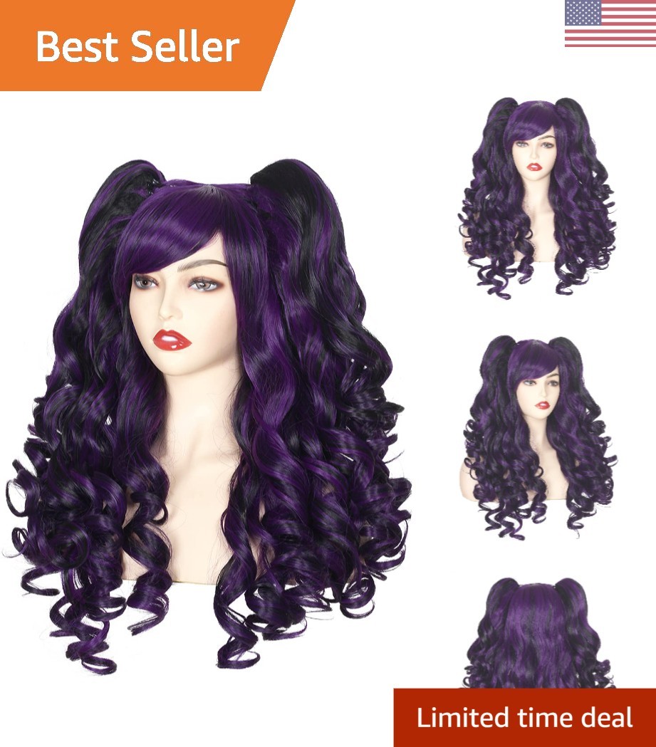 Long Curly Cosplay Wig with 2 Ponytails Black/Purple