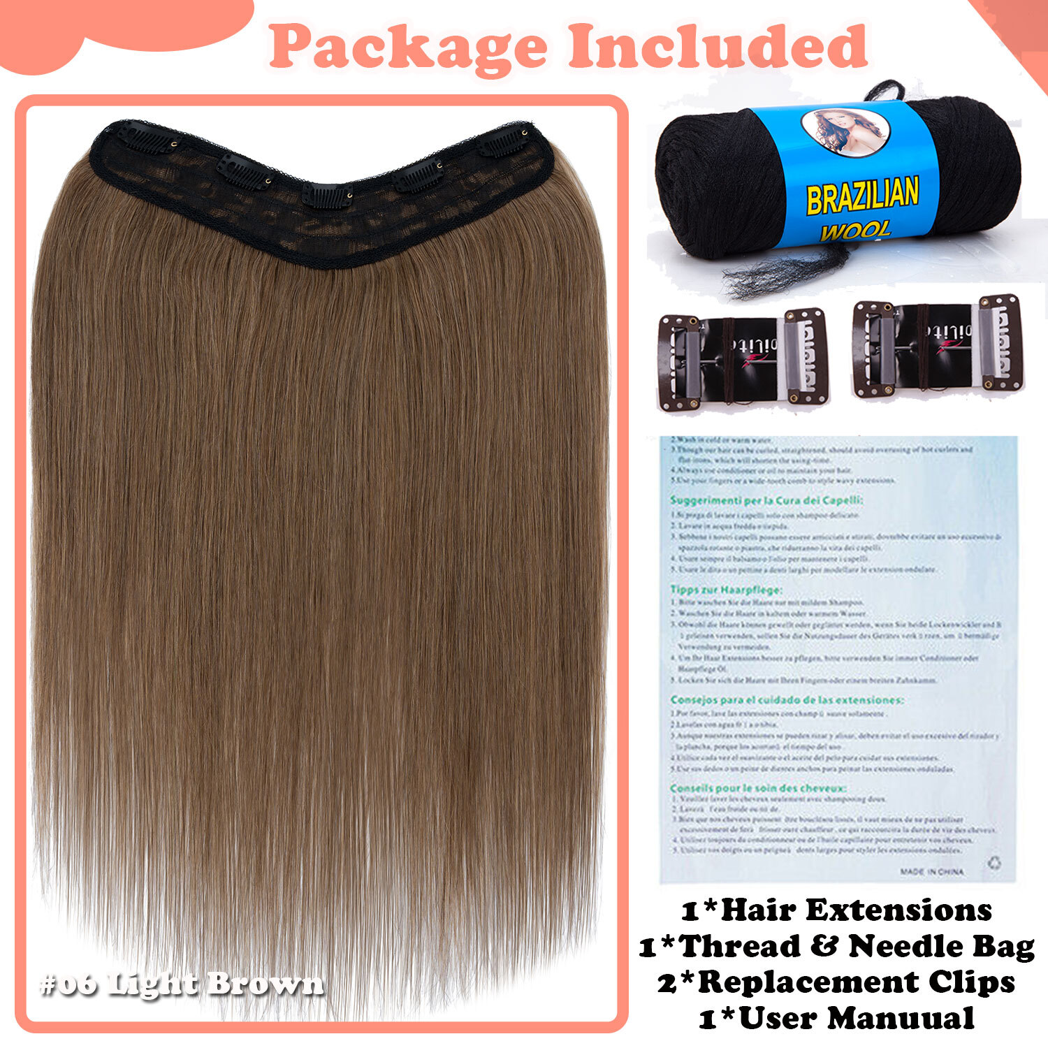 V-Shape Real Remy Human Hair Extensions One Piece Clip In 3/4Full Head Highlight