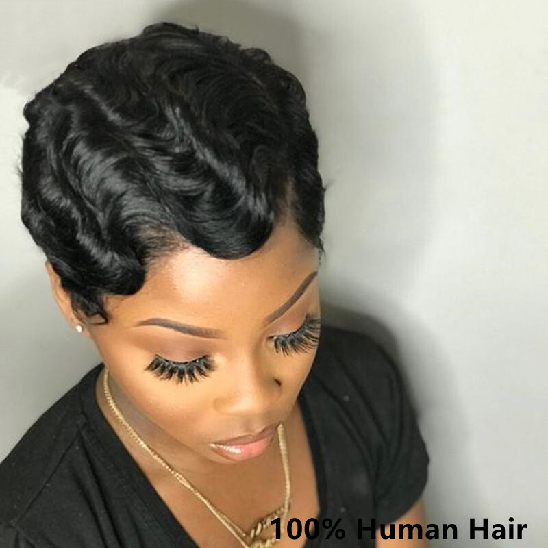 Black Finger Wave Short Human Hair Wigs Pixie Cut Wigs For Black Women Natural