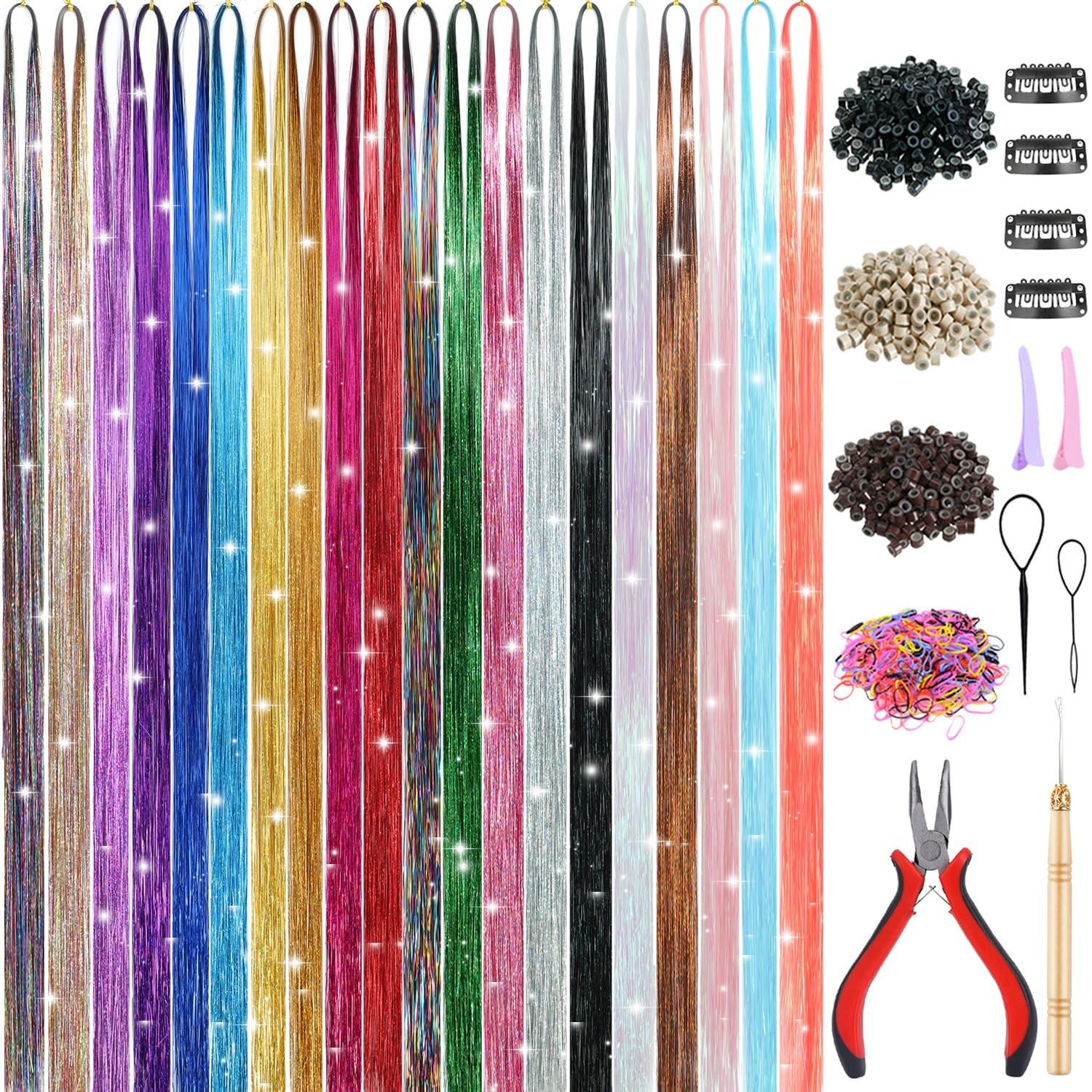 20 Colors Hair Tinsel Kit 4600 Strands 48in Heat Resistant Glitter Extensions