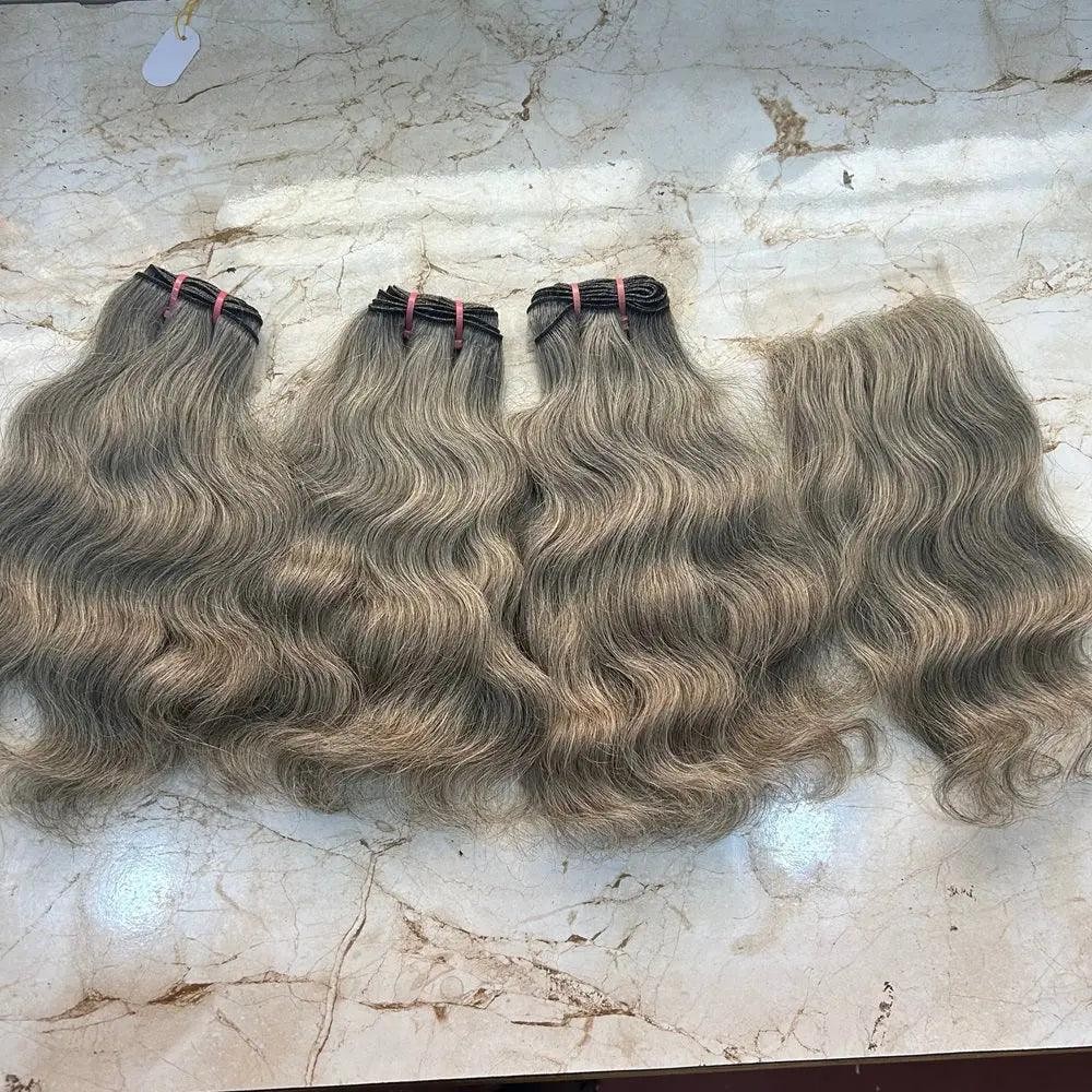 Gray human hair bundles with closure