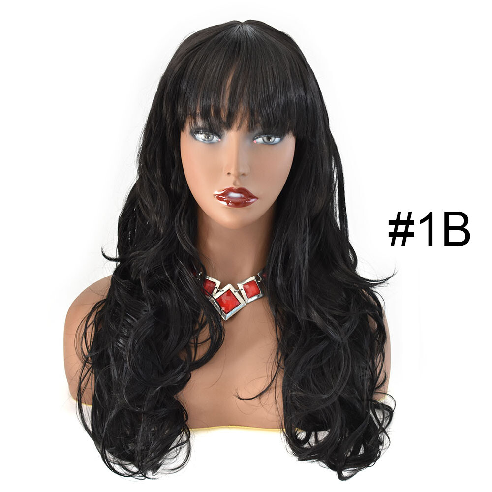 Women Synthetic Wig Long Wavy Hair with Bangs Machine Made Full Cap Glueless Wig