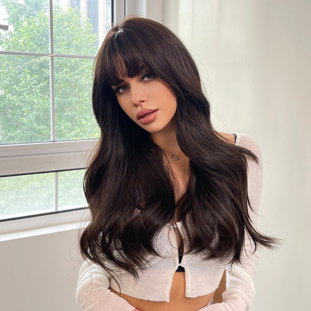 1 Set Long Wigs Lace Front with Bangs Wave Synthetic Hairs Tousy Curl Natural