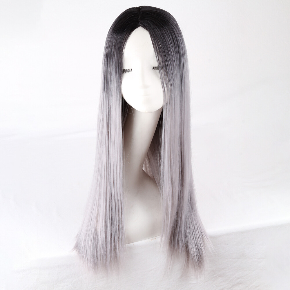 Straight Hair Black Grey Ombre Full Wigs Heat Resistant Fashion