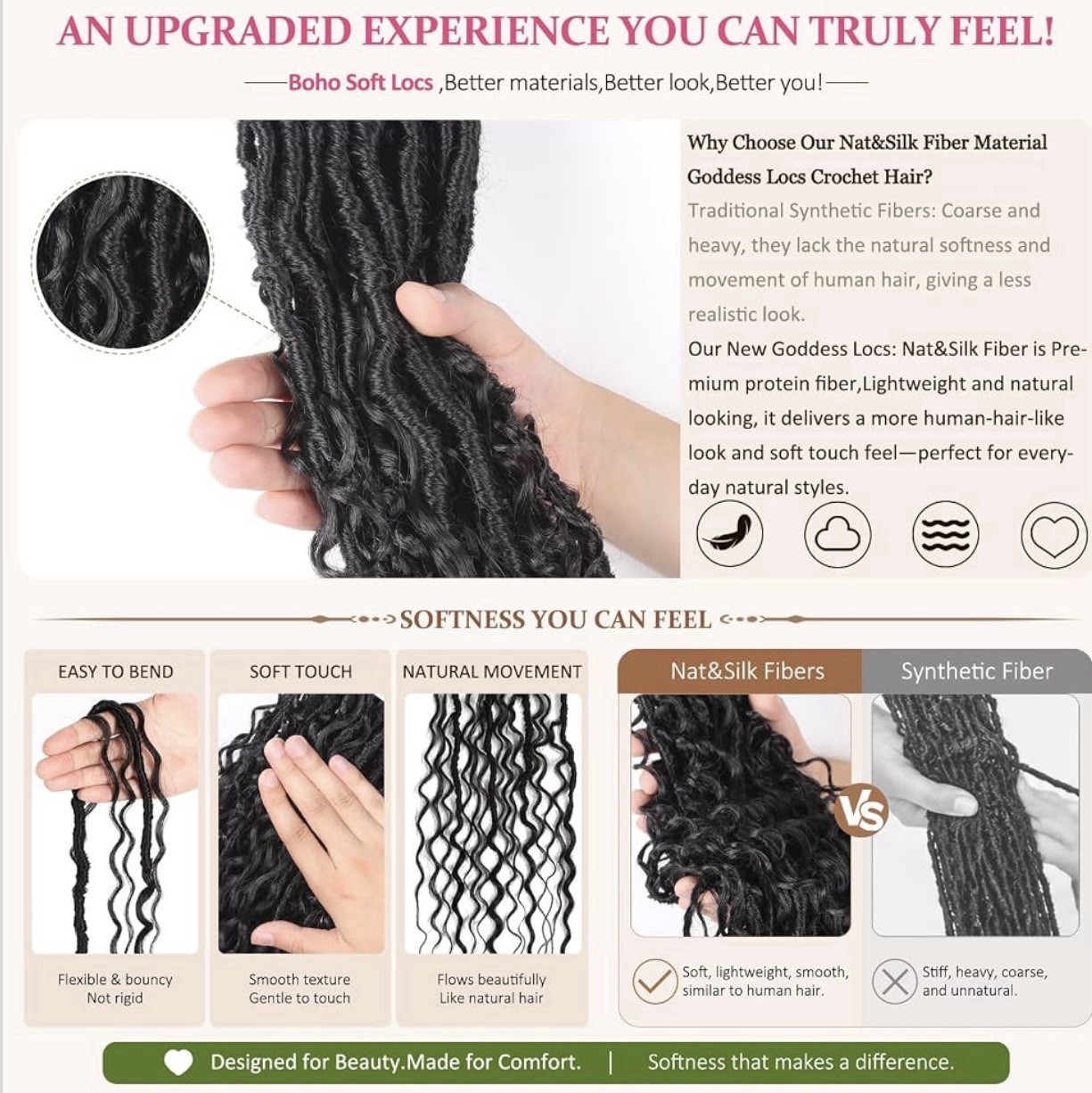 Boho Goddess Locs Crochet Hair 24 In Nat&Silk Fiber Human Hair-Like Feel 1B