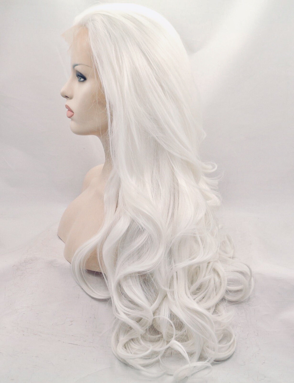 Morvally Wavy Lace Front Synthetic Wig Free Part 60# Platinum White 24″ Long NEW