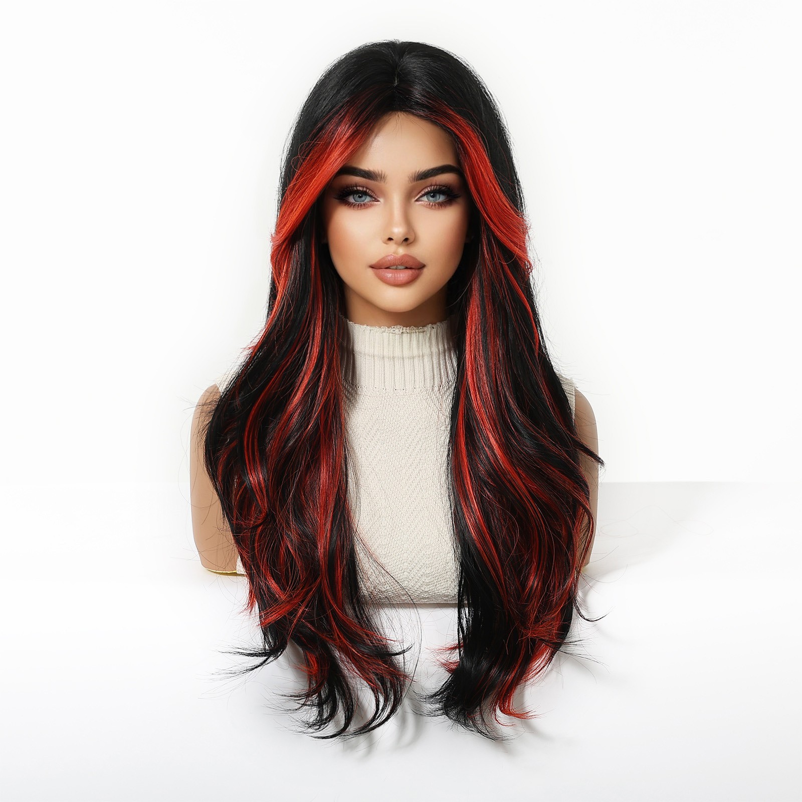 Natural Black Long Wavy Rose Pink Highlight Wigs with Curtain Bangs Natural Part