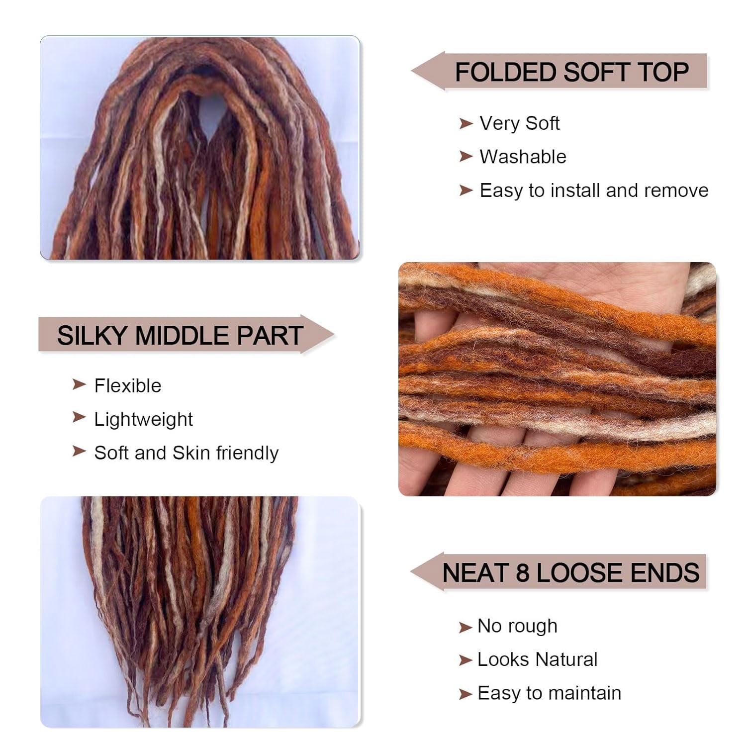 15 Strands 22-Inch Wool Double Ended Synthetic Dreadlock Extensions Mixed Brown