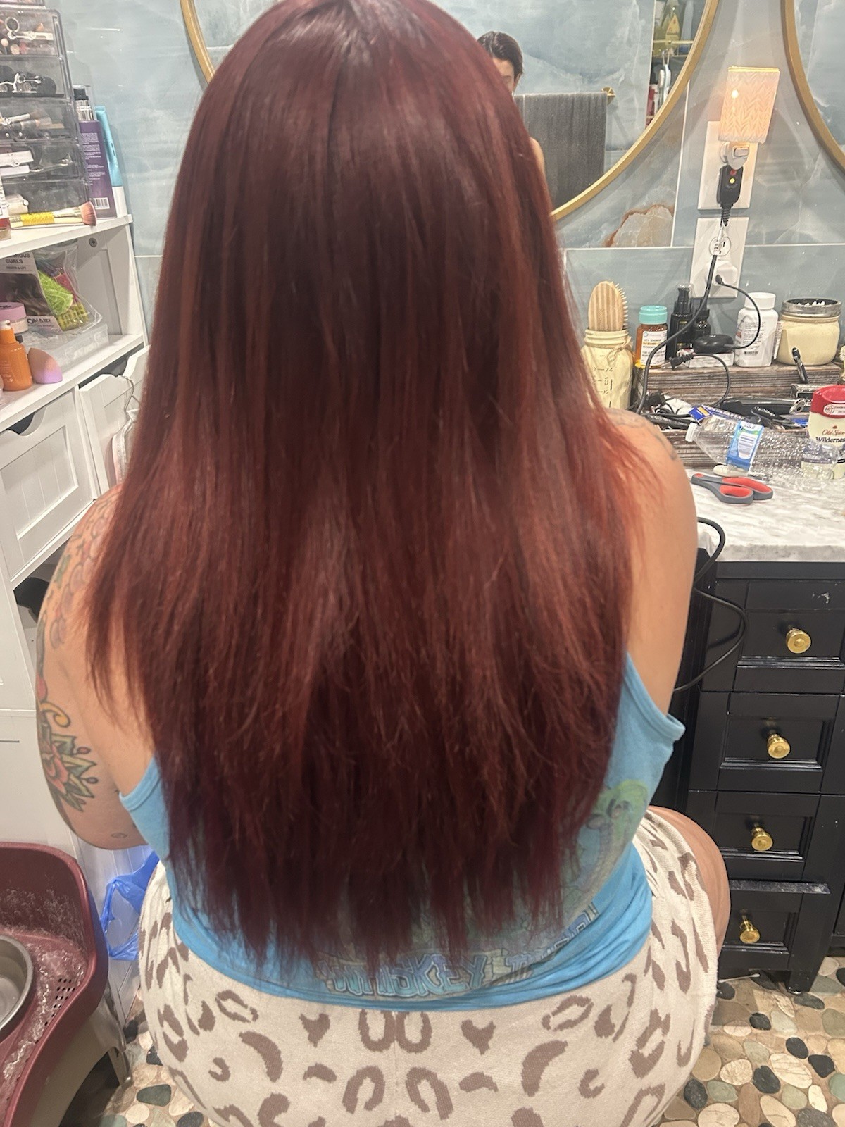 Beaded 30” Machine-tied weft extension 93g Remy Human Hair Dark Red/ burgany 14”