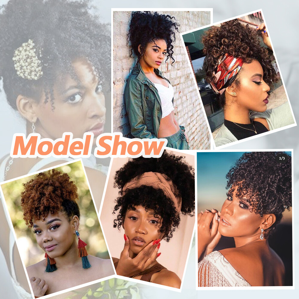 Afro Kinky Curly As Human Hair Clip In Short Ponytail Bun + Bangs Black Women US