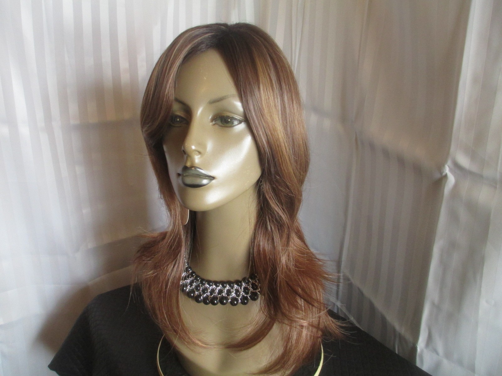 Renershow wig long layer, auburn w/brown long curtain bangs black roots NEW
