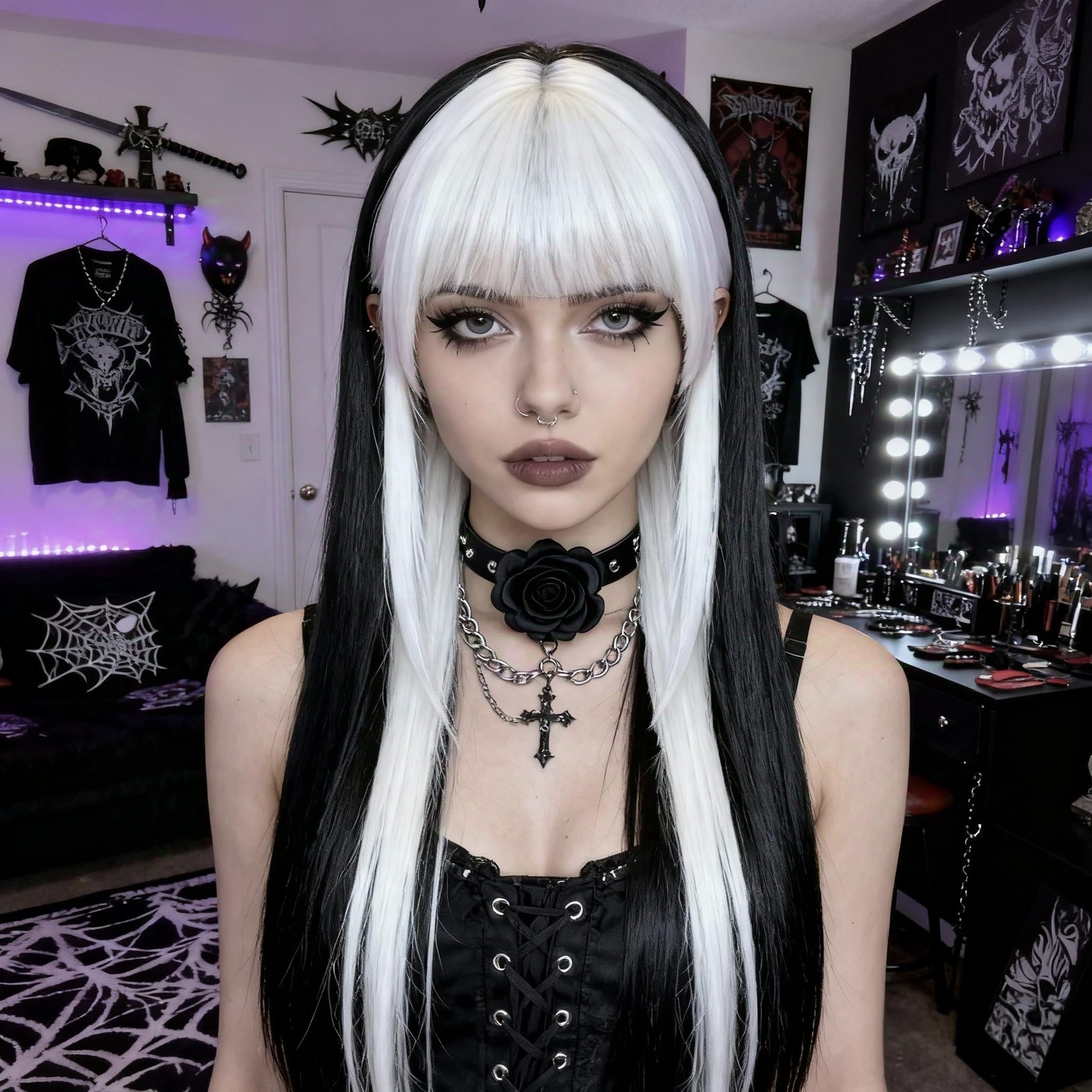 Black and White Wig with Bangs Long Straight Wigs Egirl Wig for Girls Heat Re…