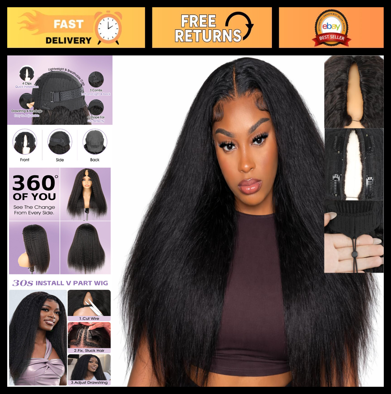 24 Inch Kinky Straight V Part Wig – 180% Density Clip-In Human Hair, No Glue, No