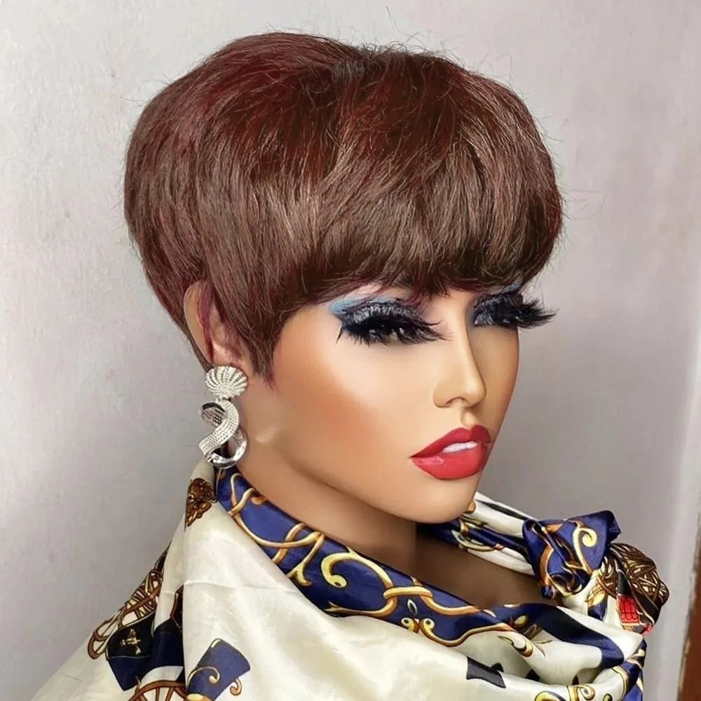Brown Short Pixie Cut Wig Human Hair For Black Women Machine Made Wigs With Bang