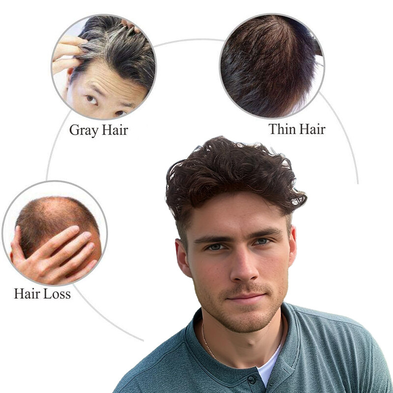 Mens Toupee Replacement System Wig Hairpiece Real Remy Human Hair Thin Skin PU