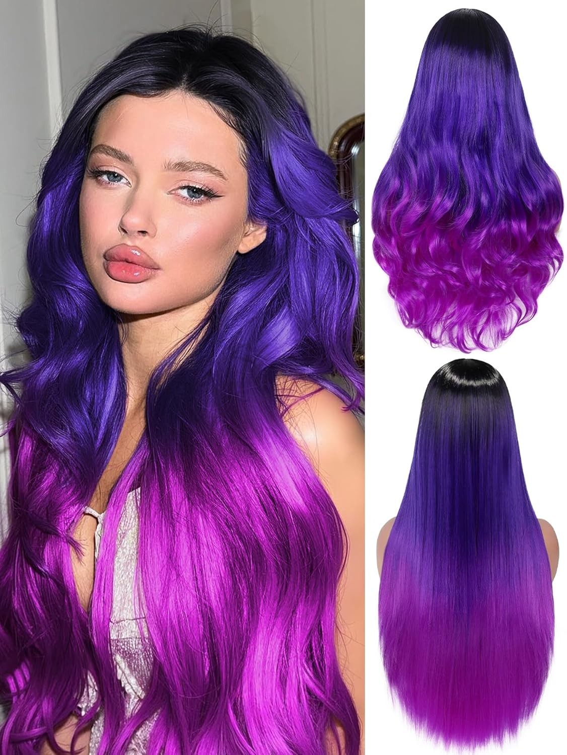 Ombre Purple Wig Rainbow 3 Tone Mermaid Purple Wigs Black to Blue to Purples 26″
