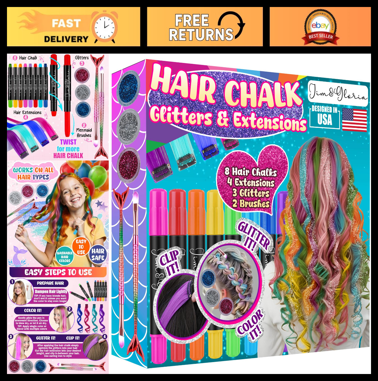 Washable Dustless Hair Chalk Set with Clip-in Extensions, Brushes & Glitter – Te