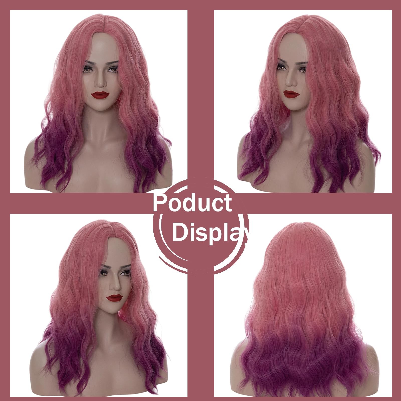 18″ Long Wavy Curly Ombre Pink Purple Synthetic Wig for Women Girls Cosplay W…