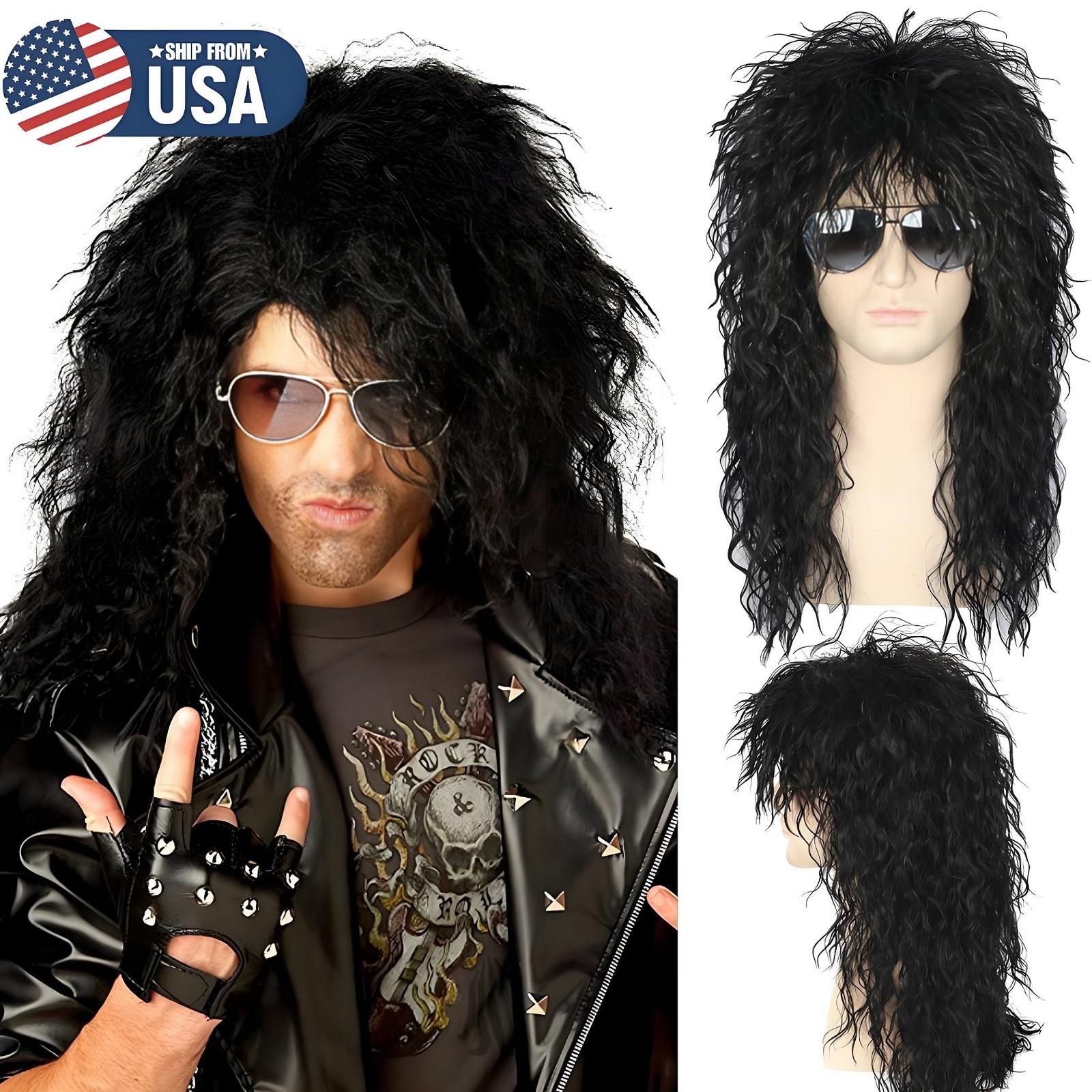 Men’s 80s Black Mullet Wigs Male Hair Punk Heavy Metal Rocker Long Curly Wig USA