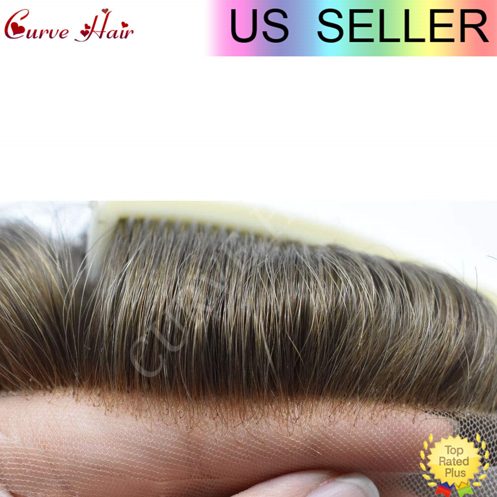 Mens Toupee Human Hair Replacement System French lace Front Thin Skin Hairpiece