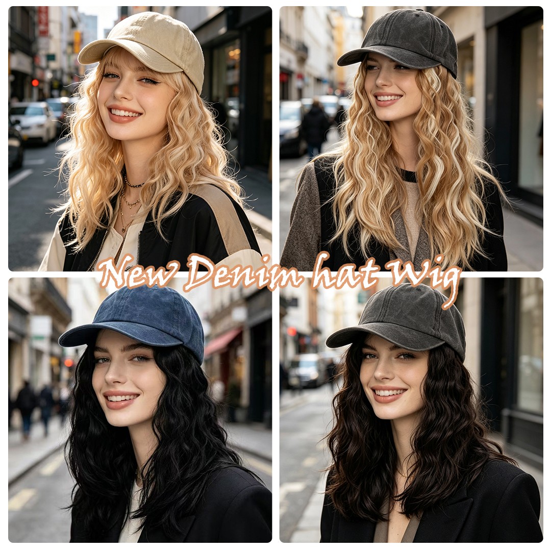 Denim Baseball Cap Hat Wig Hairpiece with Short Curly Casual Daily Wear Dating