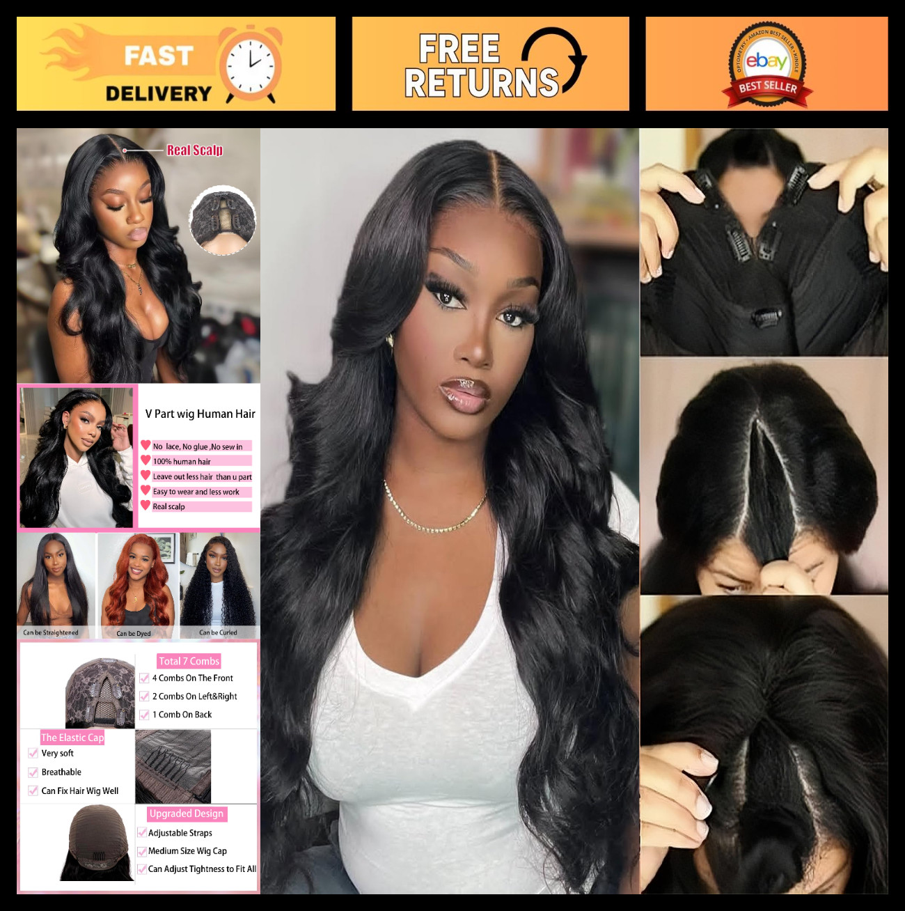 24-Inch Body Wave V Part Wig – 100% Human Hair, Glueless, Beginner Friendly, Cli