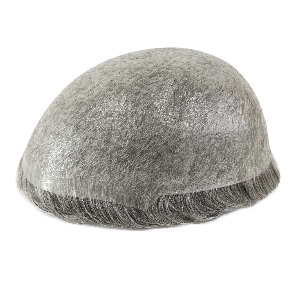 Mens Toupee Human Hair Replacement System Ultra 0.03mm Thin Skin Grey Hairpiece